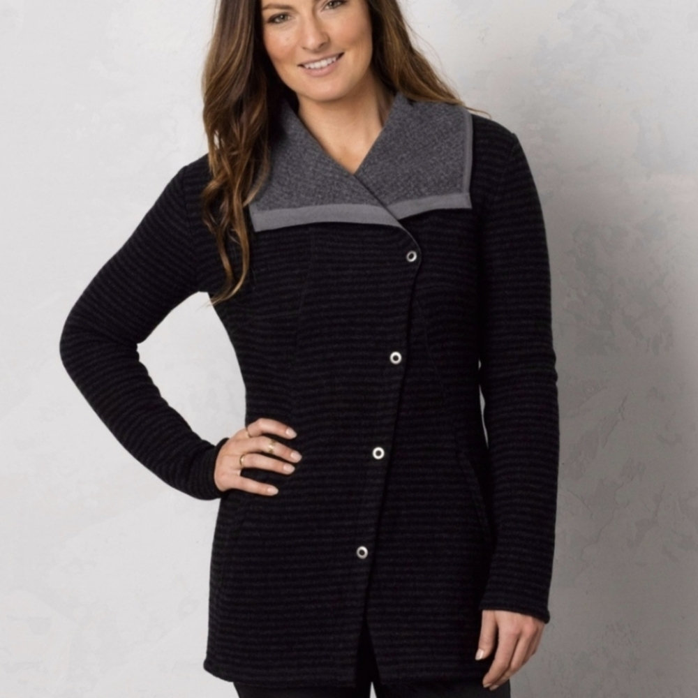 Prana Milana Sweater Jacket Knit Asymmetrical Snap Front Wide Collar Charcoal XS